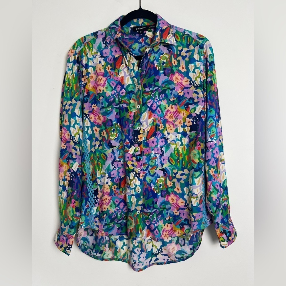 Tolani Colorful Floral Print Embroidered Bohemian Hi-Lo Button Down‎ Blouse NWOT